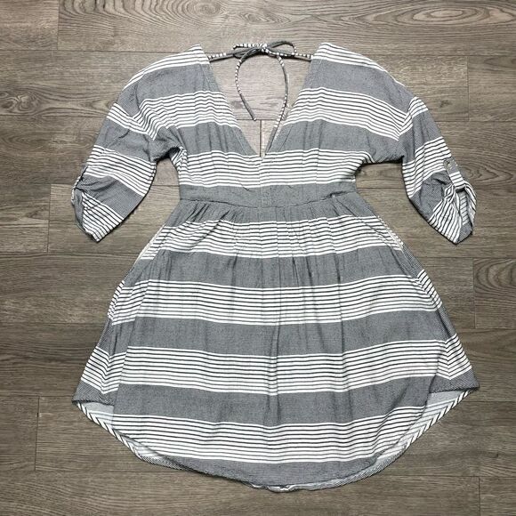 Free People Dress Black White Stripe Mini Tunic Size XS Button Front Rayon - Picture 5 of 13